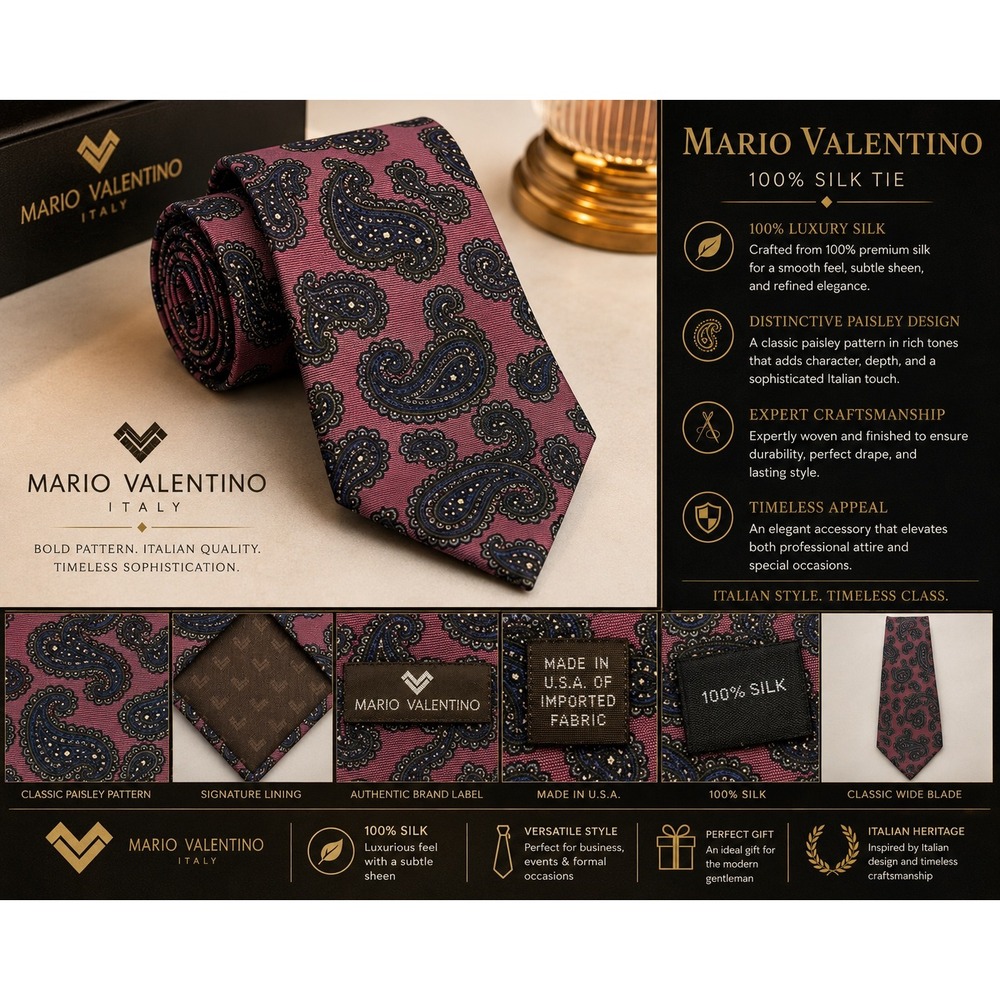 Mario Valentino Italy Mens Silk Tie Burgundy Navy Blue Paisley Made in USA
